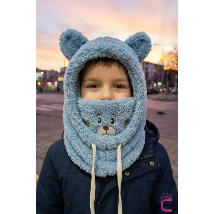Sevimli Ayıcıklı Yumuşak Peluş Bere Boyunluklu Şapka Atkı Bir Arada Mavi 3-12 Yaş Kışlık Hediyelik
