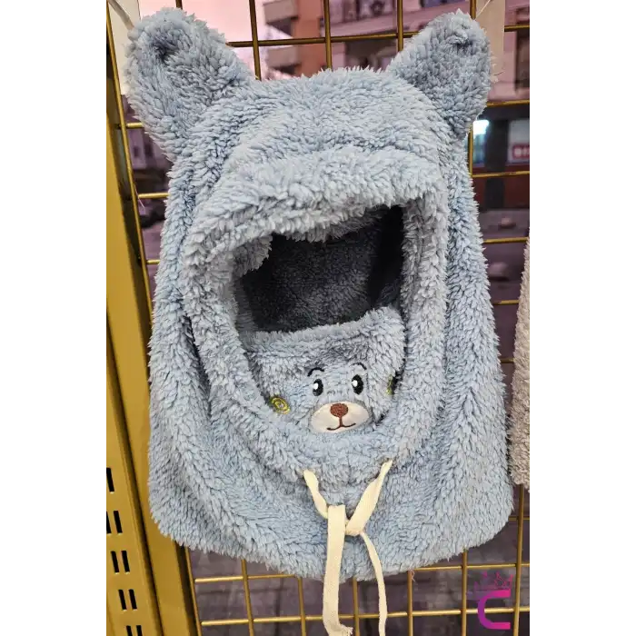 Sevimli Ayıcıklı Yumuşak Peluş Bere Boyunluklu Şapka Atkı Bir Arada Mavi 3-12 Yaş Kışlık Hediyelik