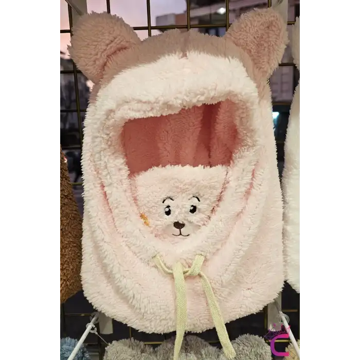 Sevimli Ayıcıklı Yumuşak Peluş Bere Boyunluklu Şapka Atkı Bir Arada Pembe 3-12 Yaş Kışlık Hediyelik