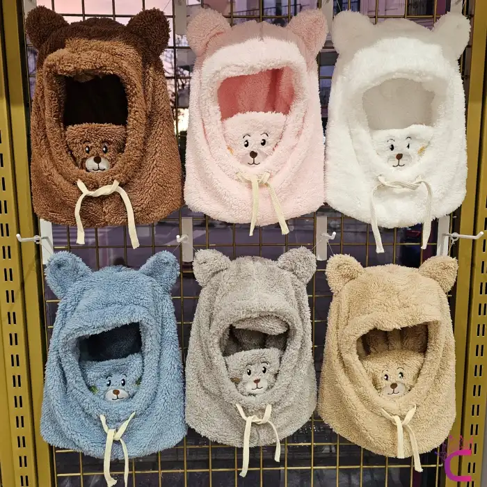 Sevimli Ayıcıklı Yumuşak Peluş Bere Boyunluklu Şapka Atkı Bir Arada Pembe 3-12 Yaş Kışlık Hediyelik