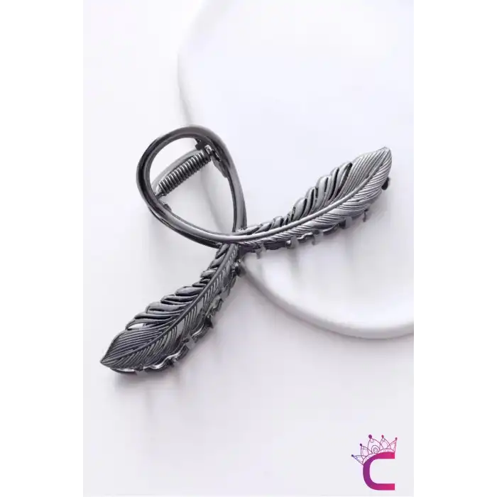 Siyah Başak Çiçekli Tasarım Kadın Metal Mandal Toka 11cm - Büyük Sıkı Tutan Mandallı Saç Tokası