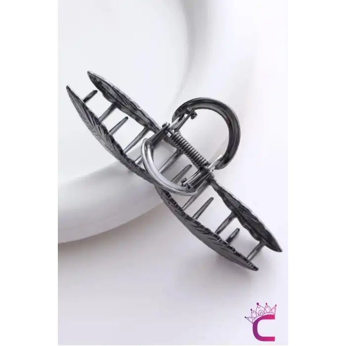 Siyah Başak Çiçekli Tasarım Kadın Metal Mandal Toka 11cm - Büyük Sıkı Tutan Mandallı Saç Tokası