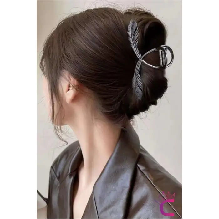 Siyah Başak Çiçekli Tasarım Kadın Metal Mandal Toka 11cm - Büyük Sıkı Tutan Mandallı Saç Tokası