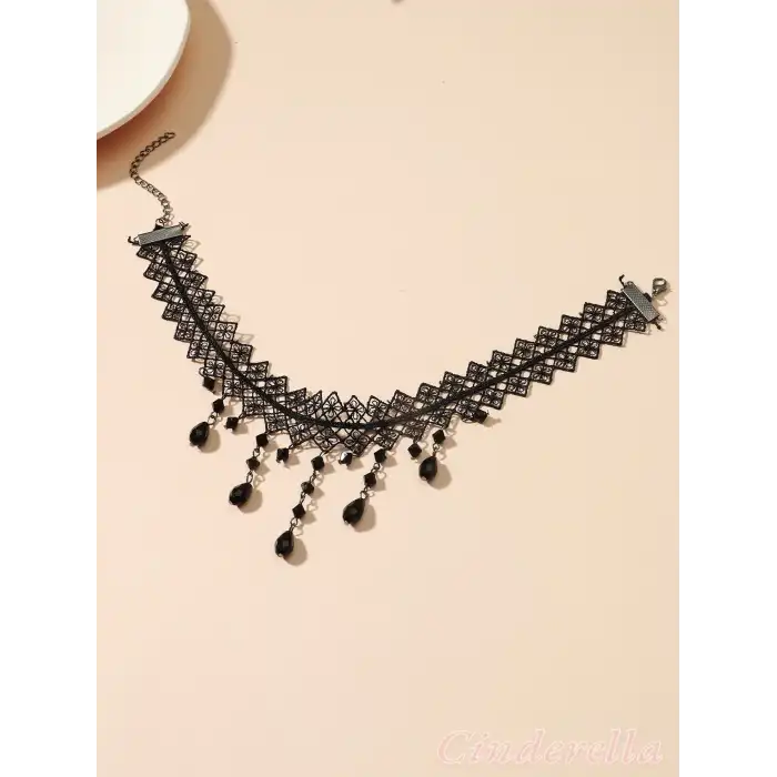Siyah Kristal Taşlı Çiçekli Dantel Kolye - Chokers Vintage Stil Kadın Gotik Kolye