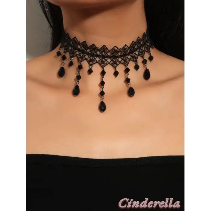 Siyah Kristal Taşlı Çiçekli Dantel Kolye - Chokers Vintage Stil Kadın Gotik Kolye
