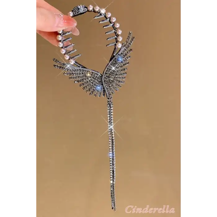 Siyah Sarkıt Kristal Taşlı Topuz Tokası Metal - İnci Detaylı Kadın Yeni Sezon Yaylı Saç Topuz Toka