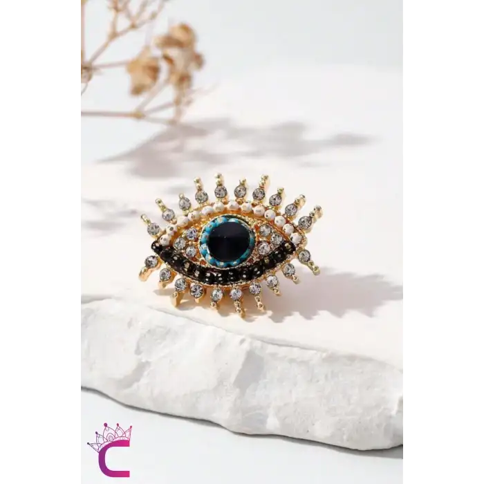 Siyah Zümrüt Taşlı Nazar Boncuklu Göz Tasarım Broş - Kadın Hediyelik Ceket Yaka İğnesi Broş Aksesuar