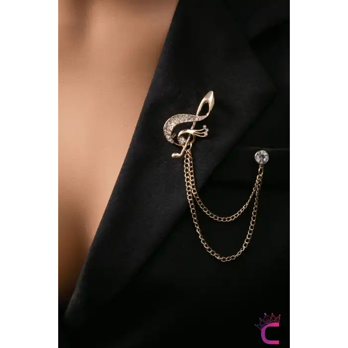 Sol Anahtarı Müzik Notalı Taşlı Zincirli Broş Gold - Hediyelik Öğretmen Ceket Yaka İğnesi Broşu