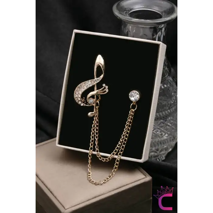 Sol Anahtarı Müzik Notalı Taşlı Zincirli Broş Gold - Hediyelik Öğretmen Ceket Yaka İğnesi Broşu