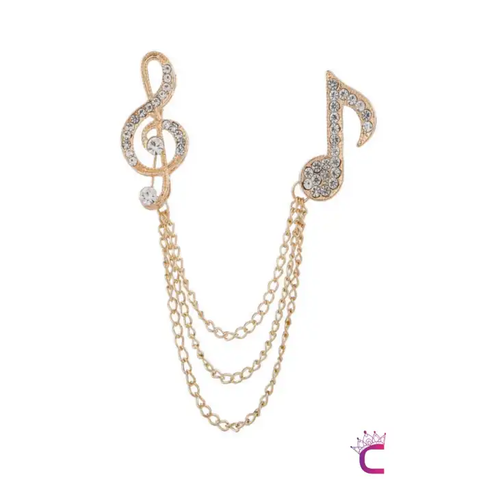 Sol Anahtarı Müzik Notası Zirkon Taşlı Zincirli Broş Gold - Unisex Yaka Zinciri Ceket Kıyafet İğnesi