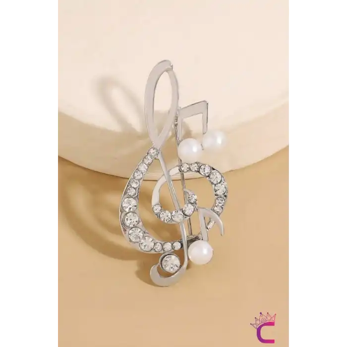 Sol Anahtarı Zirkon Taşlı İncili Broş Gümüş Renk- Hediyelik Müzik Öğretmen Elbise Ceket Yaka İğnesi