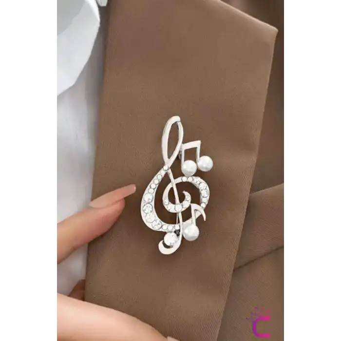 Sol Anahtarı Zirkon Taşlı İncili Broş Gümüş Renk- Hediyelik Müzik Öğretmen Elbise Ceket Yaka İğnesi