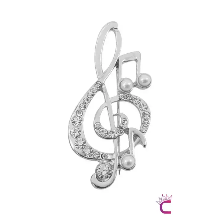 Sol Anahtarı Zirkon Taşlı İncili Broş Gümüş Renk- Hediyelik Müzik Öğretmen Elbise Ceket Yaka İğnesi