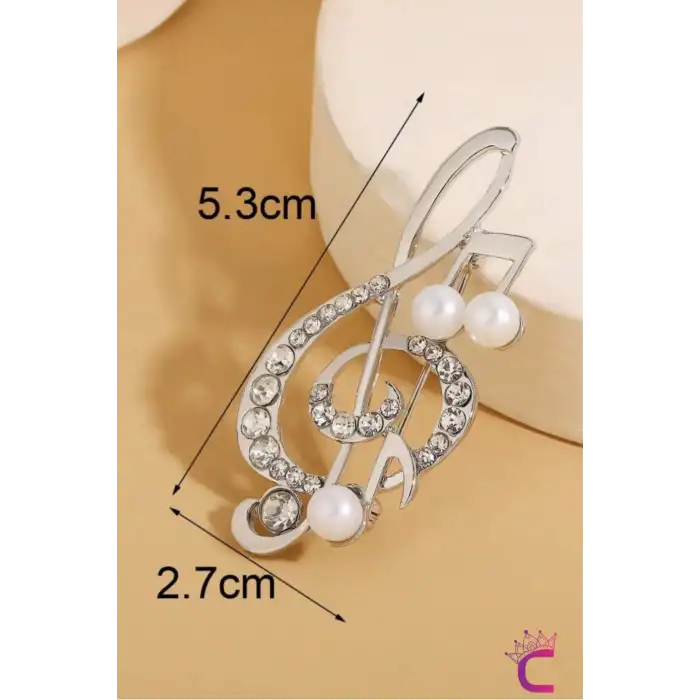 Sol Anahtarı Zirkon Taşlı İncili Broş Gümüş Renk- Hediyelik Müzik Öğretmen Elbise Ceket Yaka İğnesi