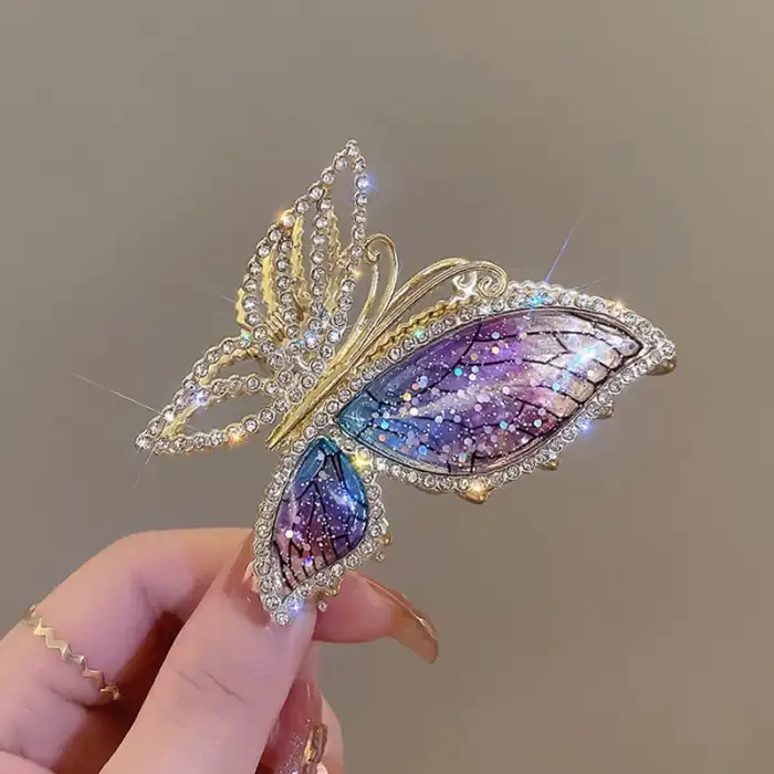 Taşlı Kelebek Kanat Dokulu Model Metal Mandal Toka Gold Renk - Trend Lüks Mandal Saç Tokası