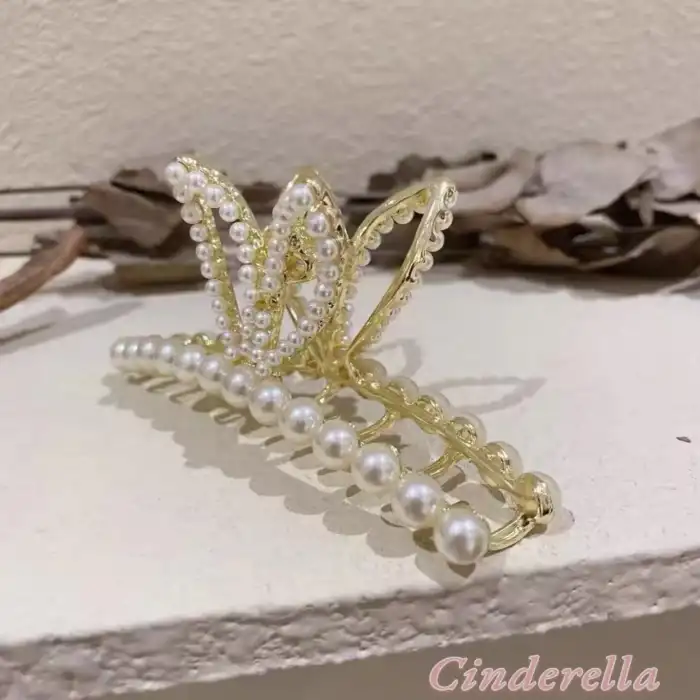 Tavşan Kulaklı İnci Taşlı Kadın Metal Mandal Toka Gold - Modern Sıkı Tutan Mandallı Saç Topuz Tokası