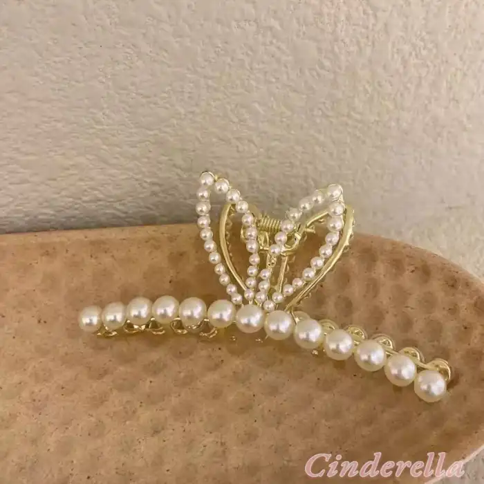 Tavşan Kulaklı İnci Taşlı Kadın Metal Mandal Toka Gold - Modern Sıkı Tutan Mandallı Saç Topuz Tokası