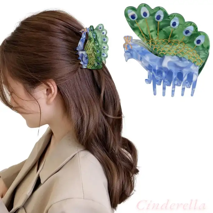 Tavus Kuşu Canlı Renkli Model Lüks Asetat Mandal Toka 8.5cm - Yeni Sezon Kadın Mandallı Saç Tokası