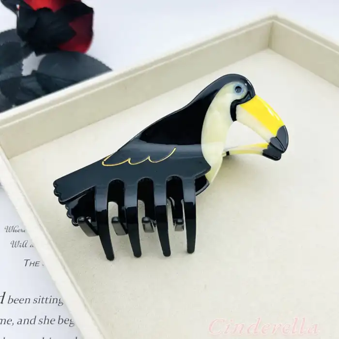 Tukan Kuşu Model Lüks Asetat Kemik Büyük Mandal Toka 11.5cm - Bahar Sezonu Kadın Mandallı Saç Tokası