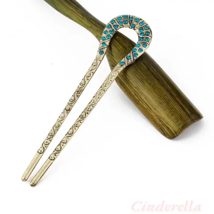 Mavi Taşlı İşlemeli Vintage Gold Metal Topuz Tokası 12.5cm - Kadın Saç Topuz Tokası Çubuk Toka