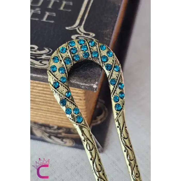 Mavi Taşlı İşlemeli Vintage Gold Metal Topuz Tokası 12.5cm - Kadın Saç Topuz Tokası Çubuk Toka
