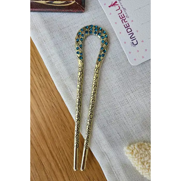 Mavi Taşlı İşlemeli Vintage Gold Metal Topuz Tokası 12.5cm - Kadın Saç Topuz Tokası Çubuk Toka