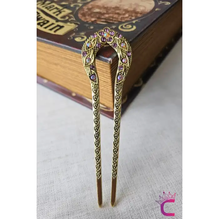 Vintage Çin Tarzı Mor Taşlı İşlemeli Topuz Tokası 12.5cm - Japon Topuz Çubuğu Metal Çubuk Toka