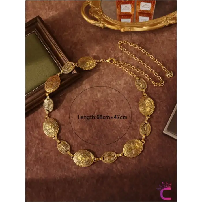 Vintage Geometrik Desenli Antik Gold Bel Zinciri Kolyesi - Ayarlanabilir Pantolon Etek Vücut Kemeri