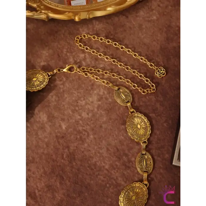 Vintage Geometrik Desenli Antik Gold Bel Zinciri Kolyesi - Ayarlanabilir Pantolon Etek Vücut Kemeri