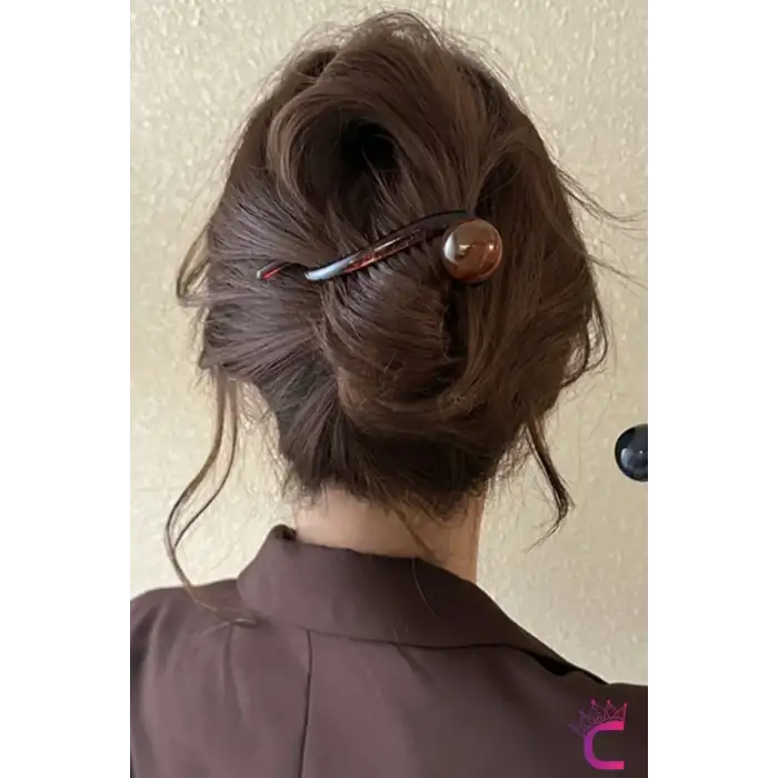 Vintage Retro Şık Kahve Renkli İncili Kıstırmalı Saç Tokası 11cm - Modern Topuz Tokası Klipsli Toka