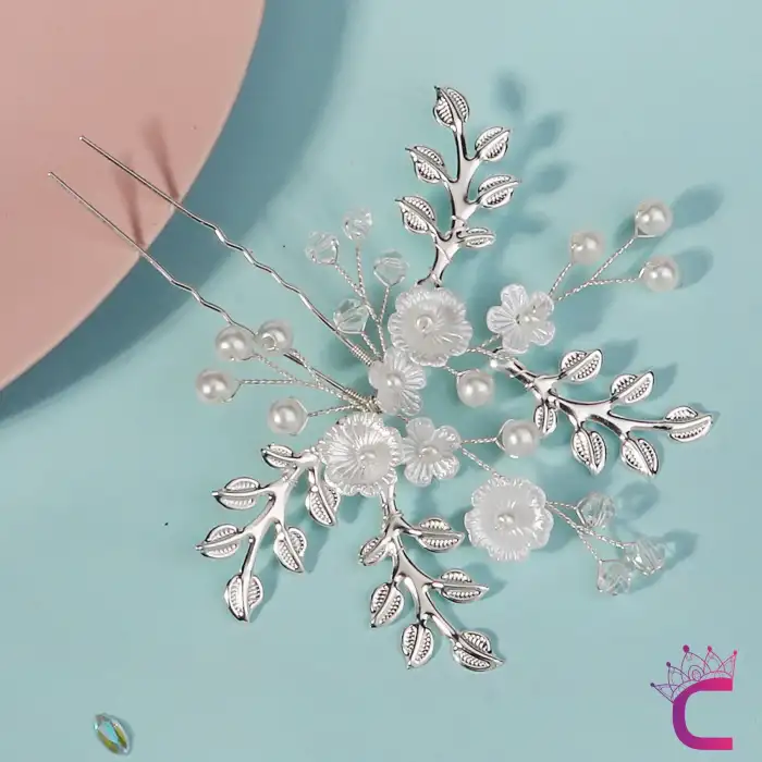 Yaprak Dalı Tasarım Çiçekli İncili Kristal Taşlı Gelin Tacı Firkete Toka Gümüş - Düğün Söz Aksesuar