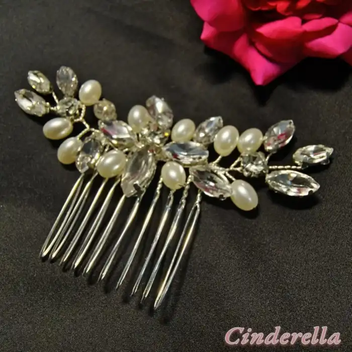 Yaprak Kristal Taşlı Elips İncili Gelin Tacı Gümüş - Düğün Nişan Nikah Kına Söz Taç Saç Aksesuarı