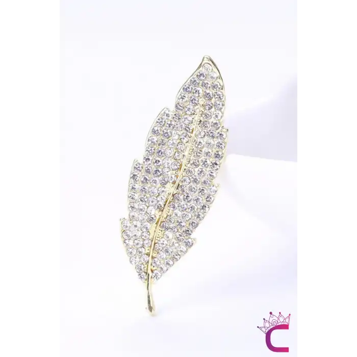 Yaprak Tasarım Kristal Taşlı Kadın Broş Gold - Özel Günler Hediyelik Elbise Ceket Yaka İğnesi Broşu