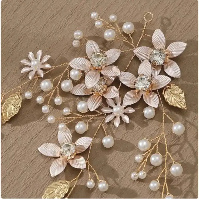 Yeni Moda Çiçekli İnci Kristal Taşlı Yapraklı Gelin Tacı Gold - Nişan Nikah Kına Söz Saç Aksesuarı