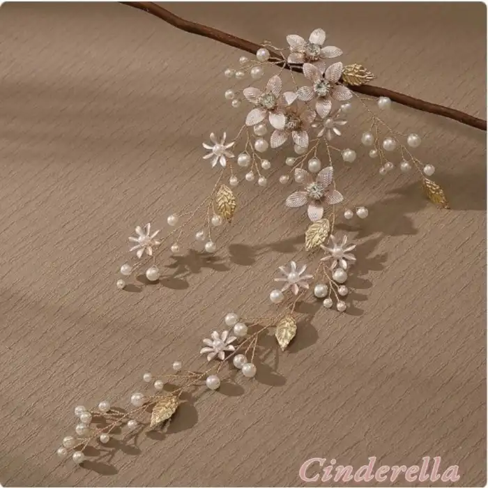 Yeni Moda Çiçekli İnci Kristal Taşlı Yapraklı Gelin Tacı Gold - Nişan Nikah Kına Söz Saç Aksesuarı