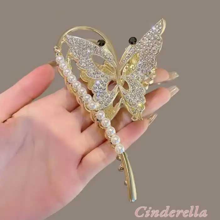 Yeni Model Siyah Göz Detaylı Kelebekli Kadın Metal Mandal Toka Gold - Kristal Taşlı Topuz Saç Tokası