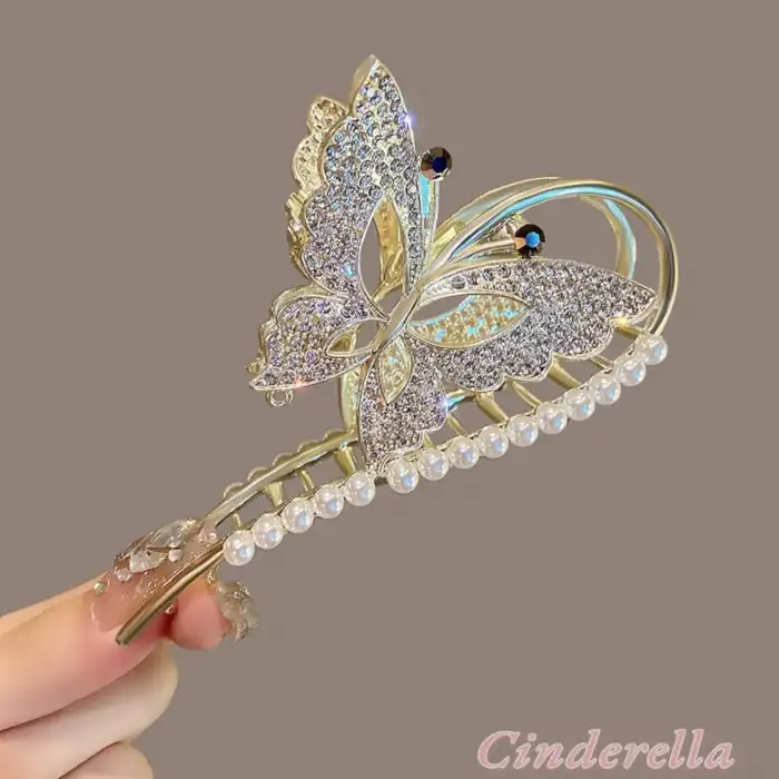 Yeni Model Siyah Göz Detaylı Kelebekli Kadın Metal Mandal Toka Gold - Kristal Taşlı Topuz Saç Tokası