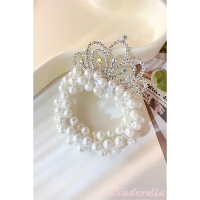 Yeni Trend Prenses Taç İncili Lastikli Elastik Topuz Tokası - Kız Çocuk Zarif Şık Doğum Günü Tokası