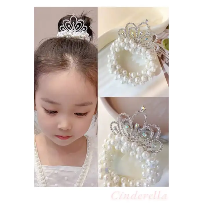 Yeni Trend Prenses Taç İncili Lastikli Elastik Topuz Tokası - Kız Çocuk Zarif Şık Doğum Günü Tokası