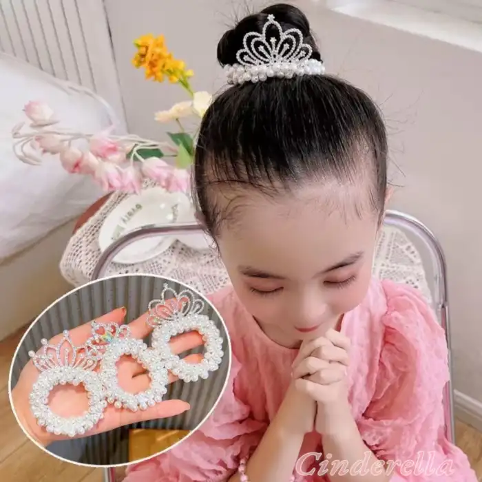 Yeni Trend Prenses Taç İncili Lastikli Elastik Topuz Tokası - Kız Çocuk Zarif Şık Doğum Günü Tokası