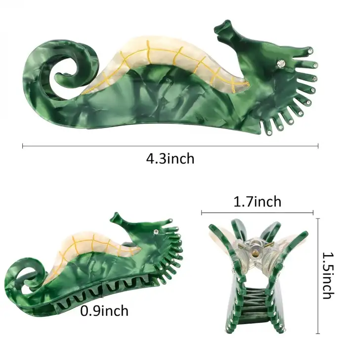Yeşil Denizatı Model Lüks Asetat Kemik Büyük Mandal Toka 11cm - Yeni Sezon Kadın Mandallı Saç Tokası