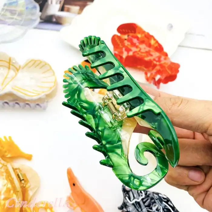 Yeşil Denizatı Model Lüks Asetat Kemik Büyük Mandal Toka 11cm - Yeni Sezon Kadın Mandallı Saç Tokası