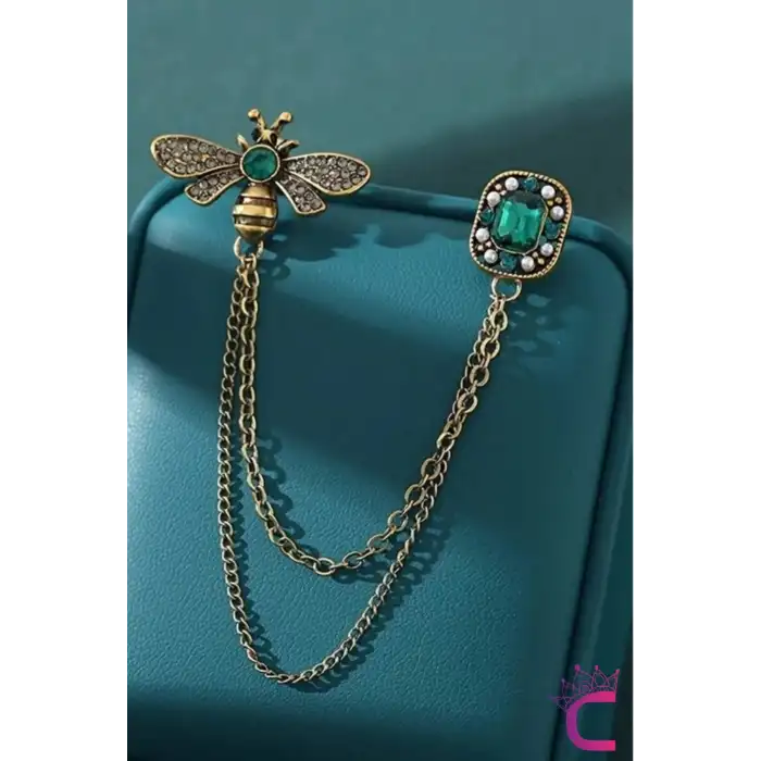 Yeşil Zümrüt Kristal Taşlı Zincirli Arı Tasarım Broş - Hediyelik Elbise Ceket Yaka İğnesi Broş