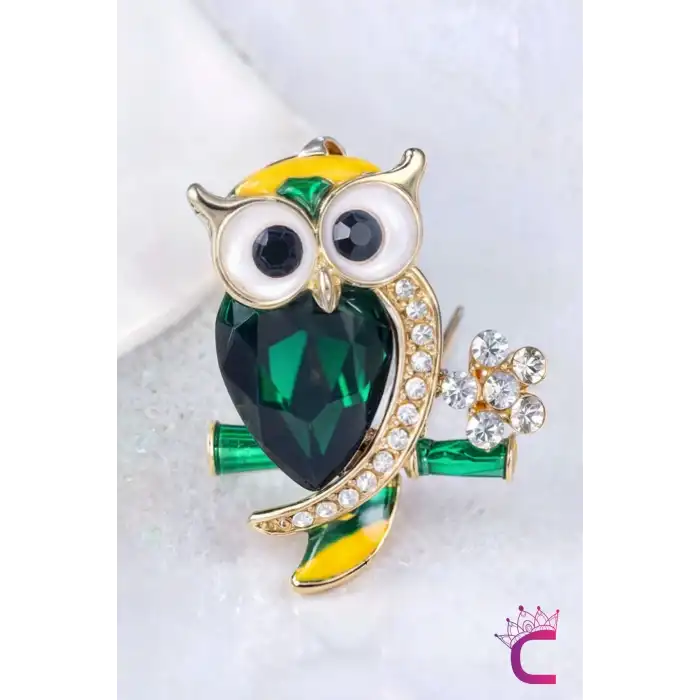 Yeşil Zümrüt Taşlı Kristal Çiçekli Tasarım C Baykuş Broş - Çanta Elbise Ceket Yaka İğnesi Broş
