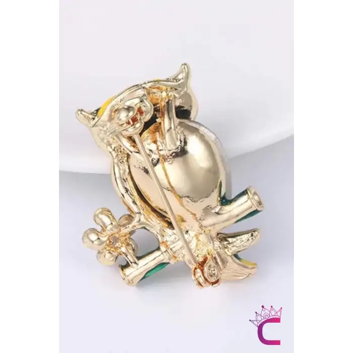 Yeşil Zümrüt Taşlı Kristal Çiçekli Tasarım C Baykuş Broş - Çanta Elbise Ceket Yaka İğnesi Broş