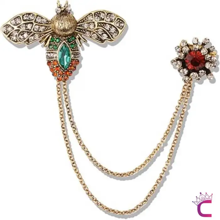 Yeşil Zümrüt Zirkon Taşlı Zincirli Antik Bal Arı Tasarım Broş - Kadın Erkek Ceket Yaka İğnesi Rozeti