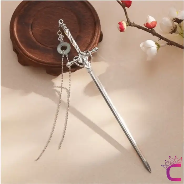 Yeşim Taşlı Kolye Uçlu Kılıç Tasarım Metal Saç Topuz Tokası 20cm - Şık Gotik Boho Çubuk Topuz Tokası