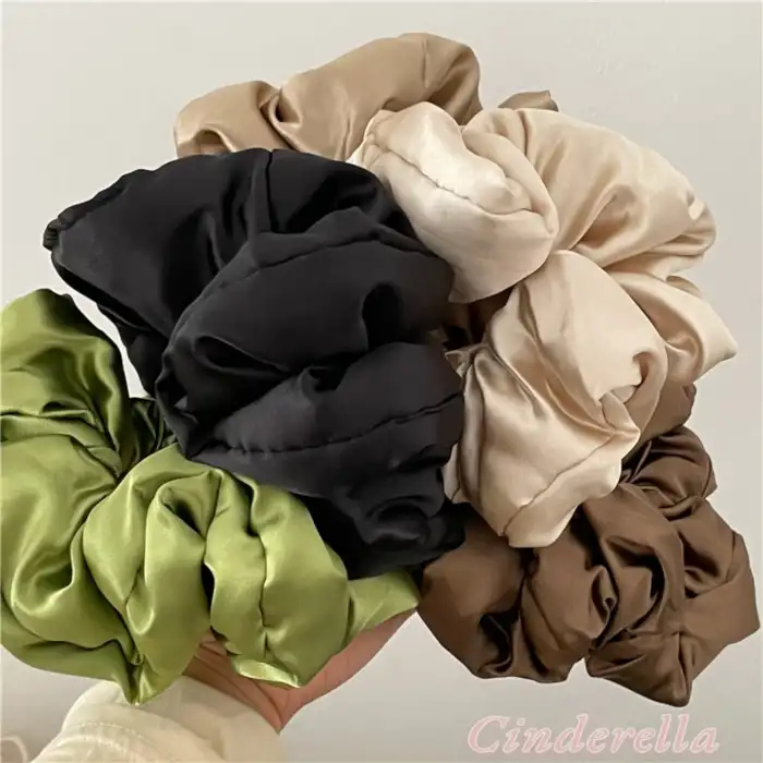 Yumuşak Saten Büyük Boy Pillow Scrunchie Toka Bej - Rahat Geniş Esnek Simit Lastikli Saç Tokası