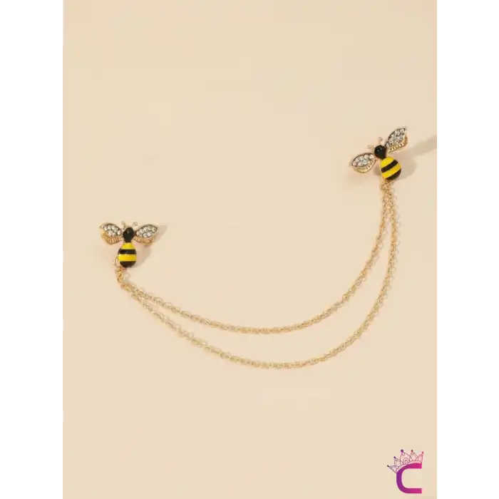 Zarif Arı Tasarım Gömlek Yaka Zinciri Broş - Hediyelik Zirkon Taşlı Gold Zincirli Ceket Yaka İğnesi