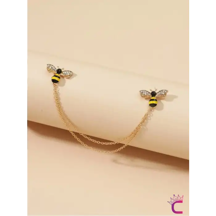 Zarif Arı Tasarım Gömlek Yaka Zinciri Broş - Hediyelik Zirkon Taşlı Gold Zincirli Ceket Yaka İğnesi